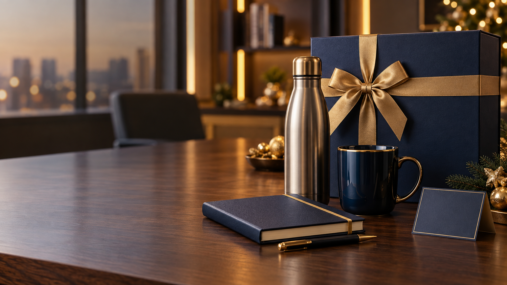 Kit corporativo de fim de ano com garrafa, caneca, caderno e embalagem premium