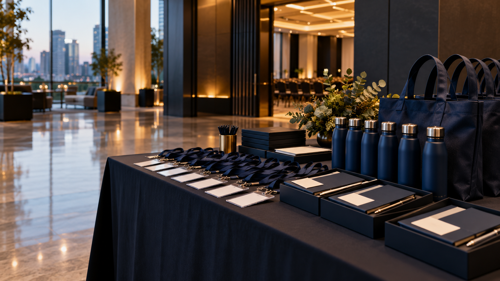 Mesa de credenciamento para evento corporativo com kits, crachás, garrafas e bolsas
