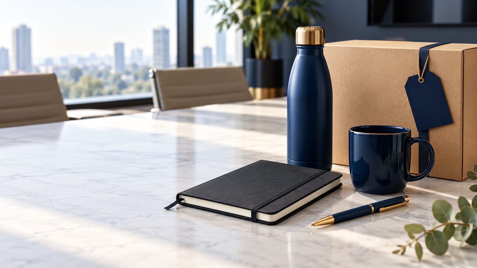 Kit corporativo para colaboradores com garrafa, caneca, caderno e caixa personalizada