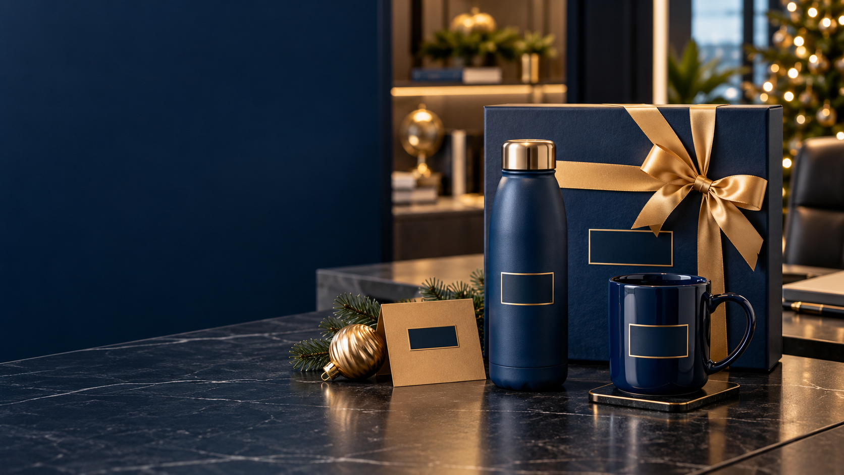Kit de brindes de Natal corporativos com garrafa, caneca e caixa personalizada em azul-marinho e dourado