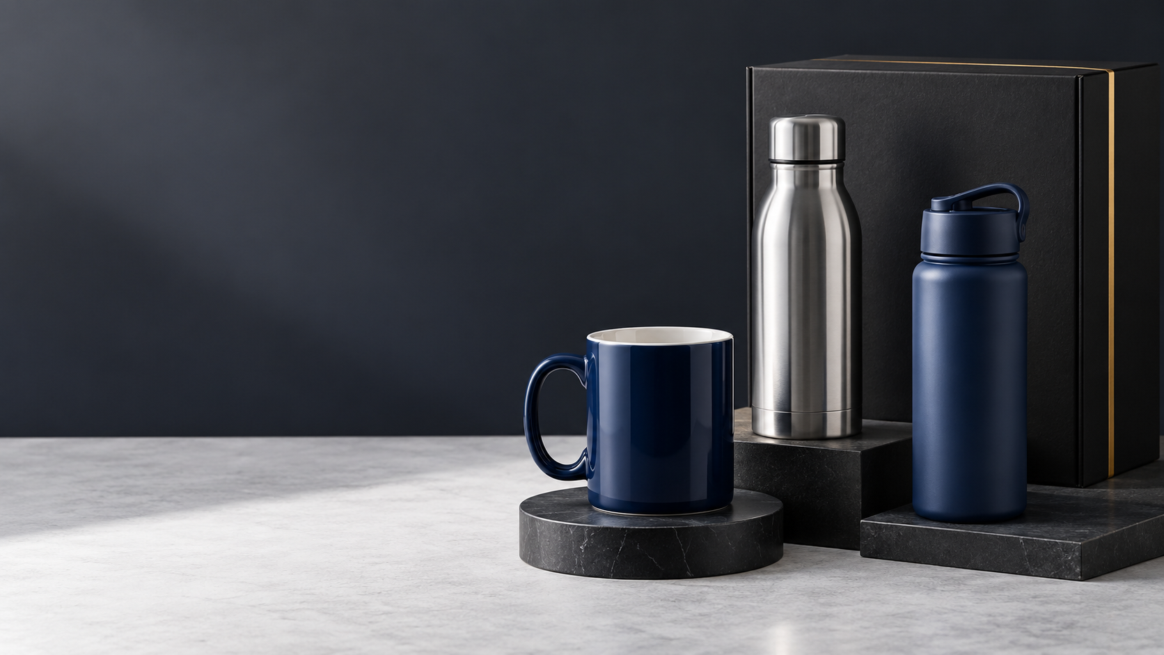 Caneca, garrafa térmica e squeeze personalizados em composição corporativa premium