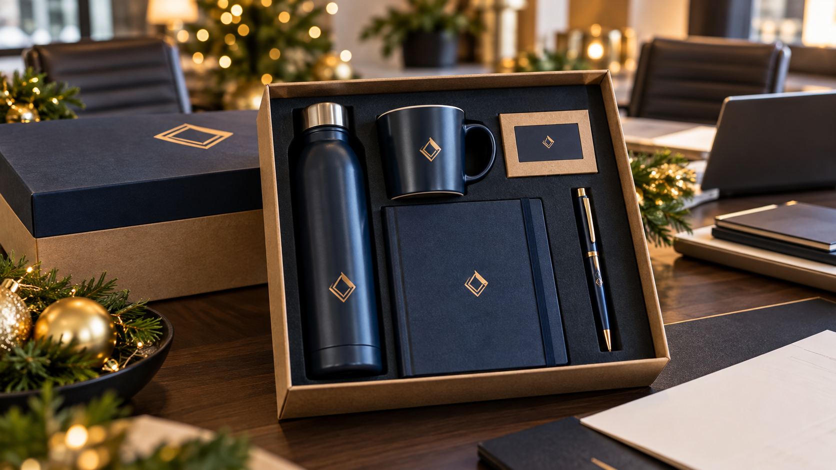 Kit corporativo personalizado com garrafa térmica, caneca, caderno e caneta em reunião de empresa