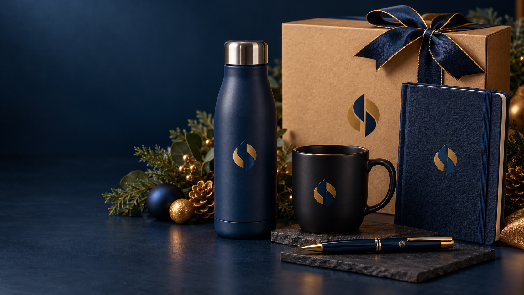 Kit corporativo personalizado com garrafa, caneca, caderno e embalagem premium para confraternização de empresas